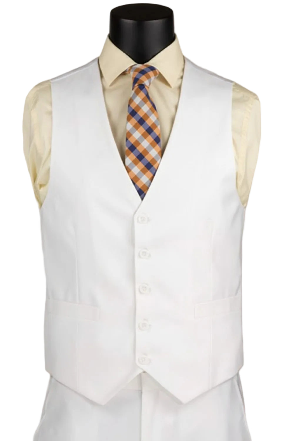 White vest with a plaid tie on a mannequin against a beige background
