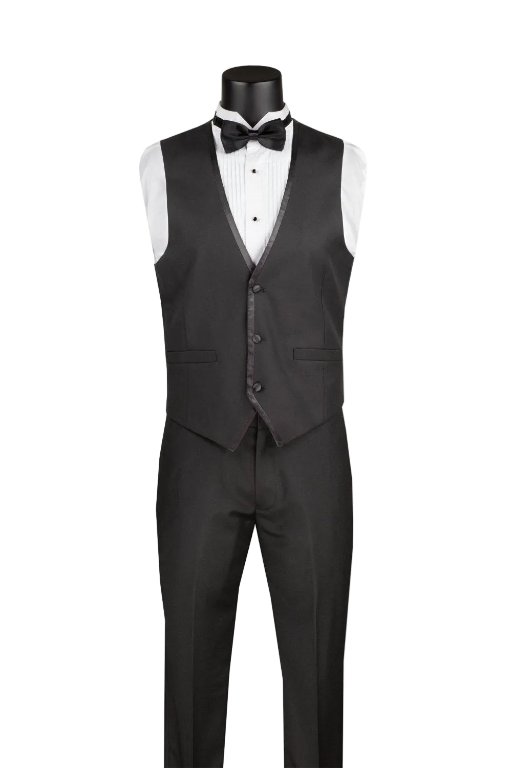 Black tuxedo with vest and bow tie on a white background