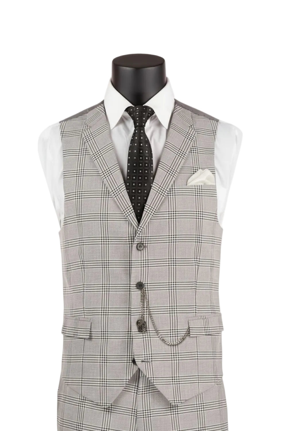 Gray checkered vest with buttons on a mannequin against a white background
