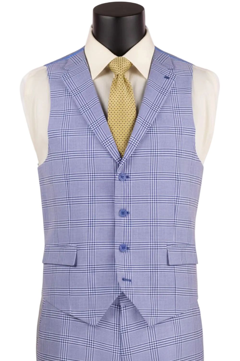 Blue checkered vest with a yellow tie on a mannequin