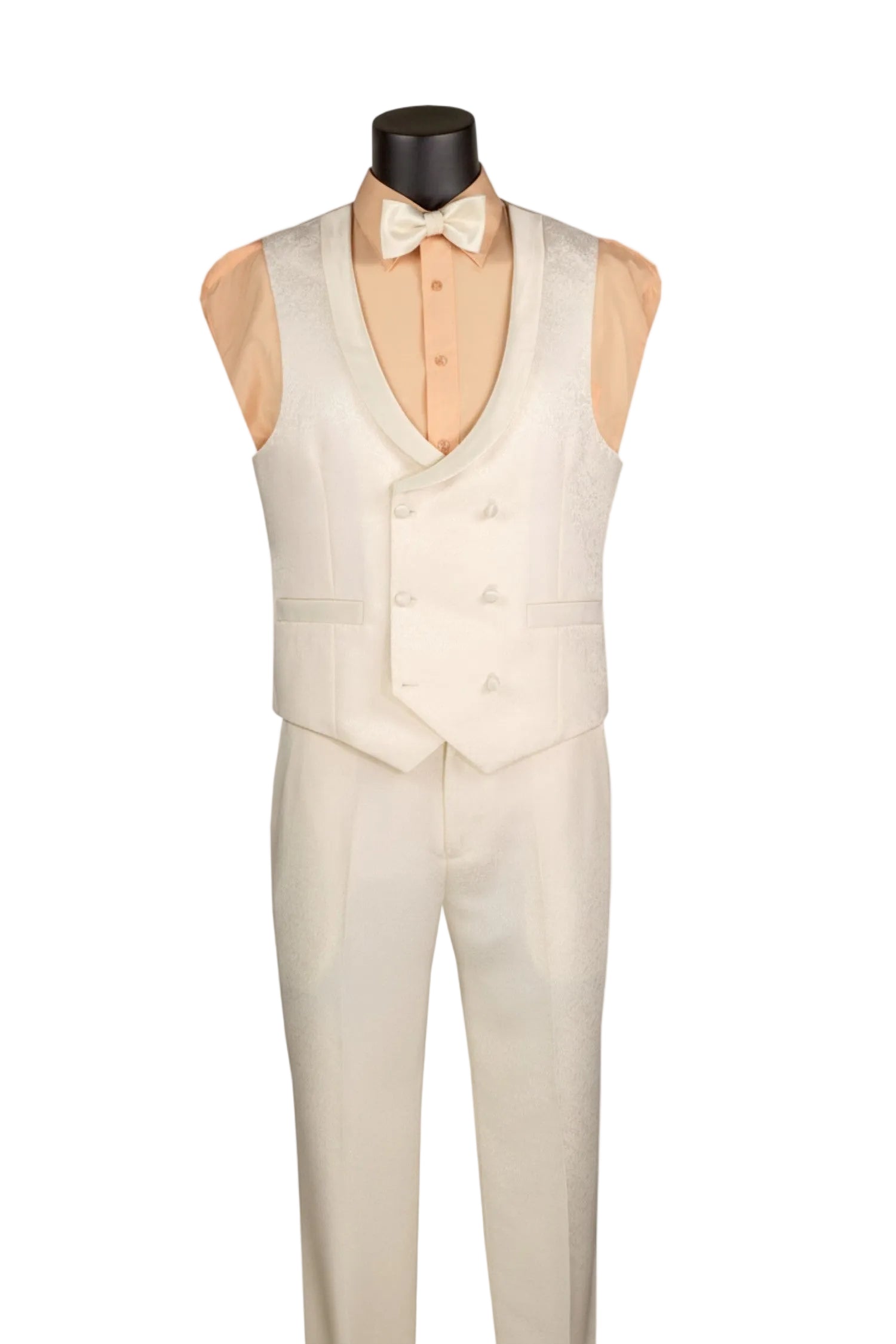 Pearl vest and pants set on a mannequin with a white background