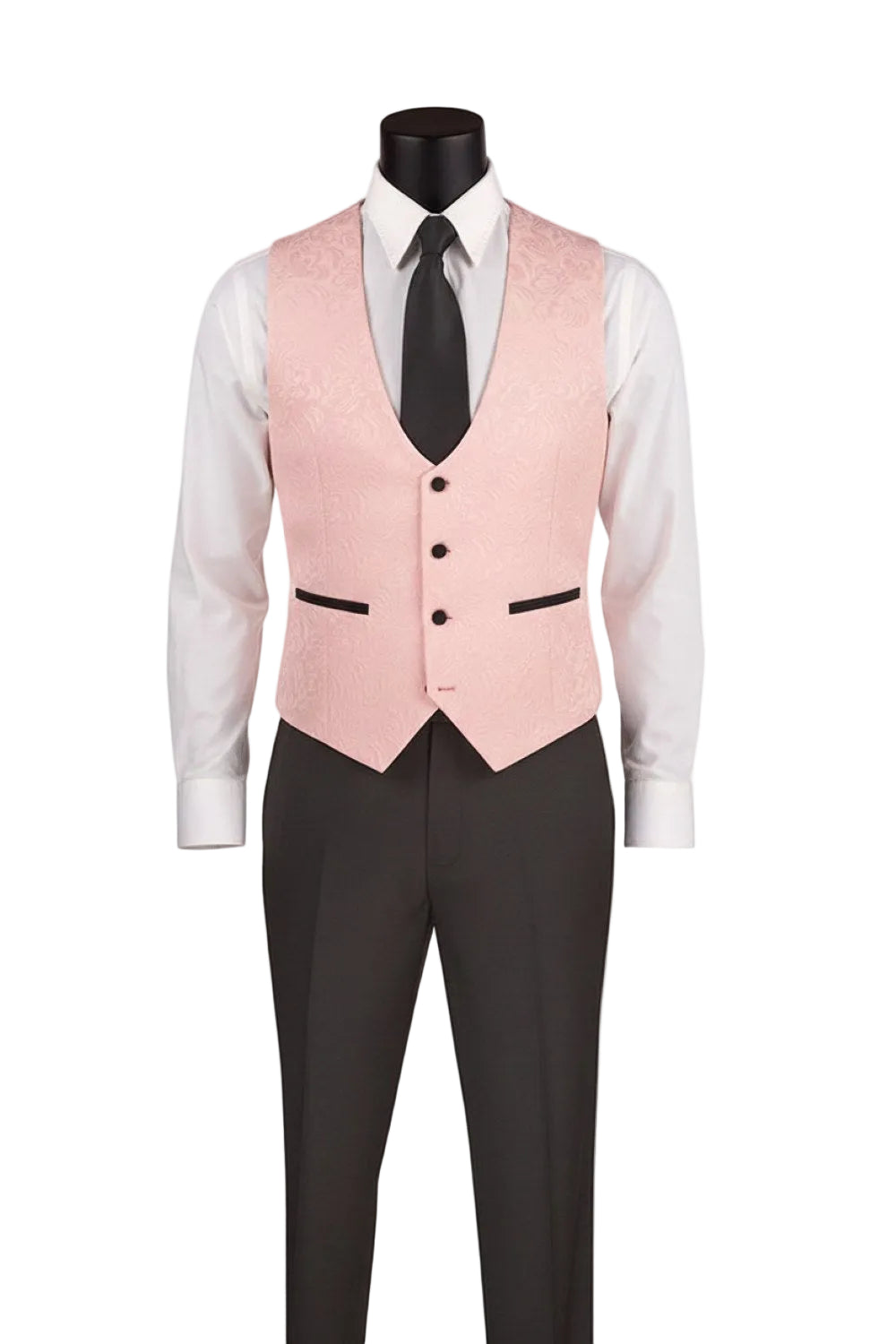 Mannequin wearing a pink vest, black pants, white shirt, and black tie on a white background