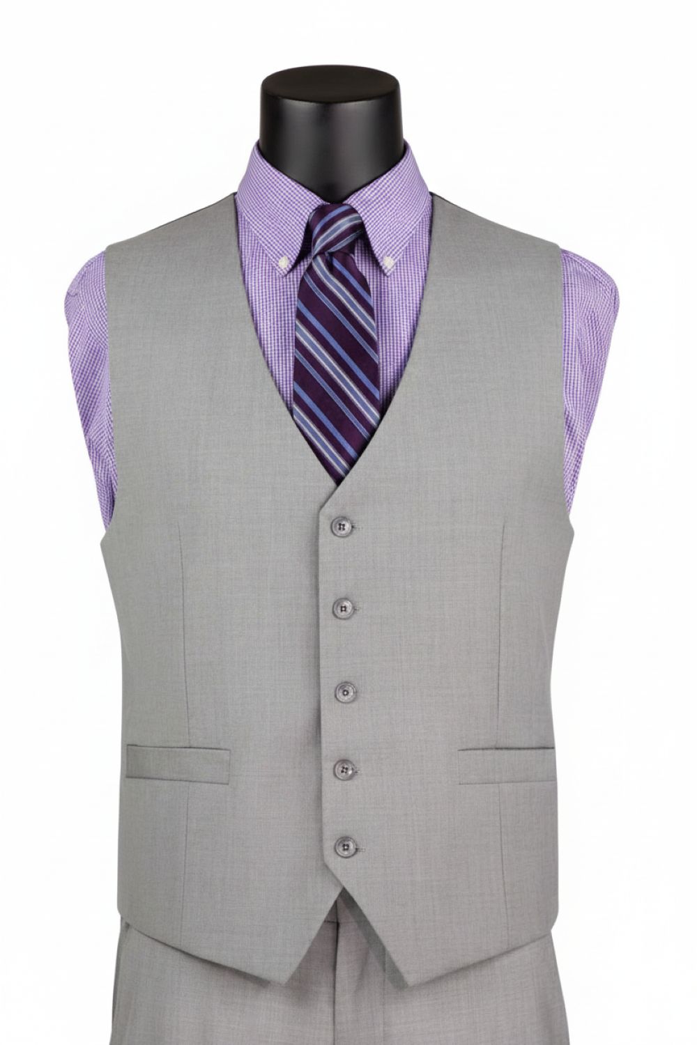 Gray vest with a purple shirt and striped tie on a mannequin against a white background