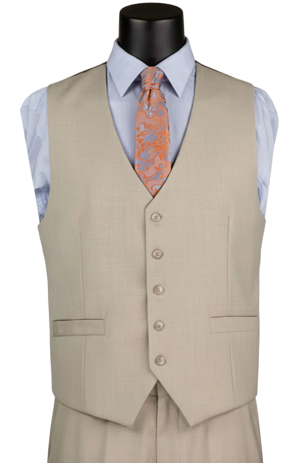 Mannequin wearing a beige vest over a light blue shirt with an orange tie on a white background