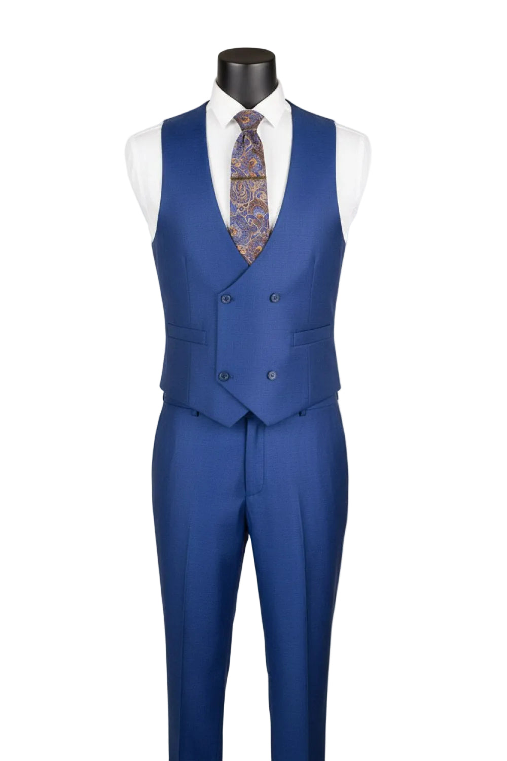 Blue suit vest and pants on a mannequin with a white background
