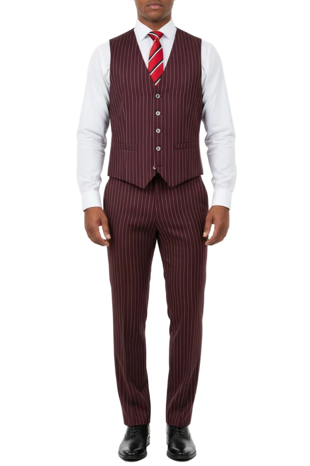 Man wearing a burgundy pinstripe suit with a white shirt and red tie on a white background