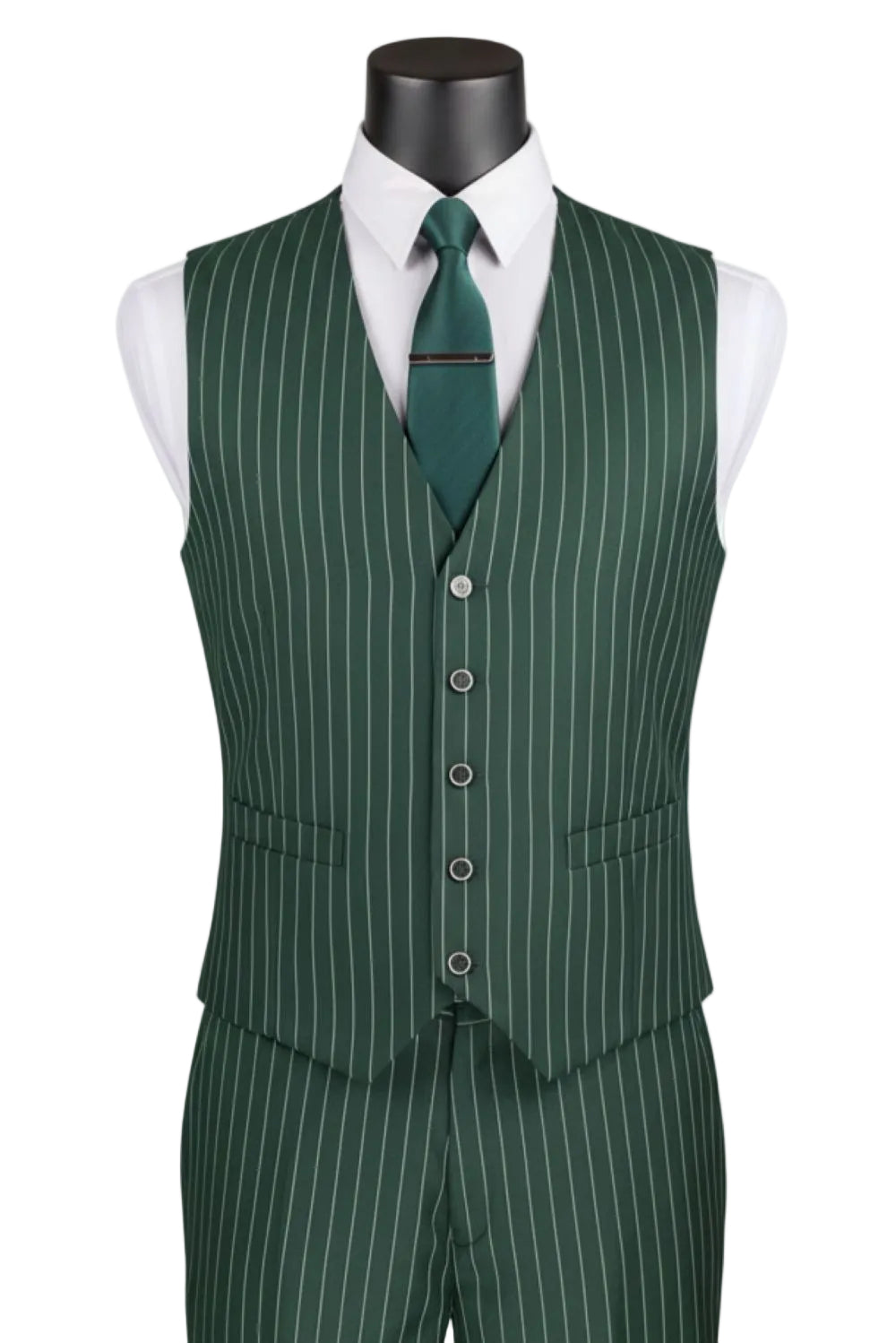 Green pinstripe suit vest on a mannequin with a white shirt and green tie.