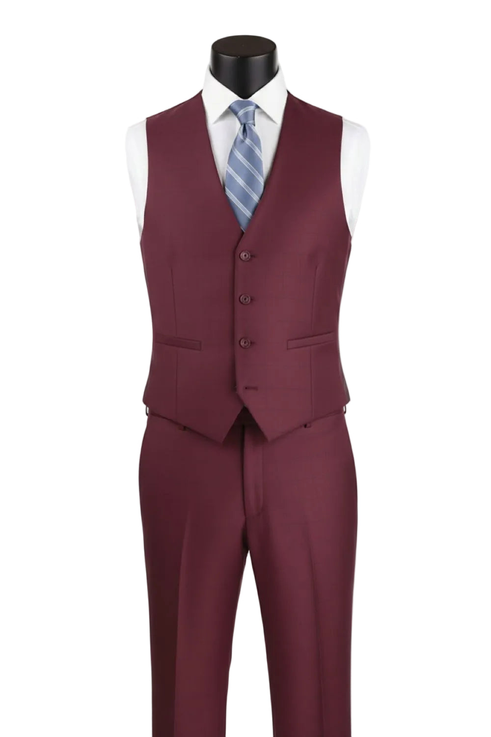 Burgundy suit vest and pants on a mannequin with a white shirt and blue tie.
