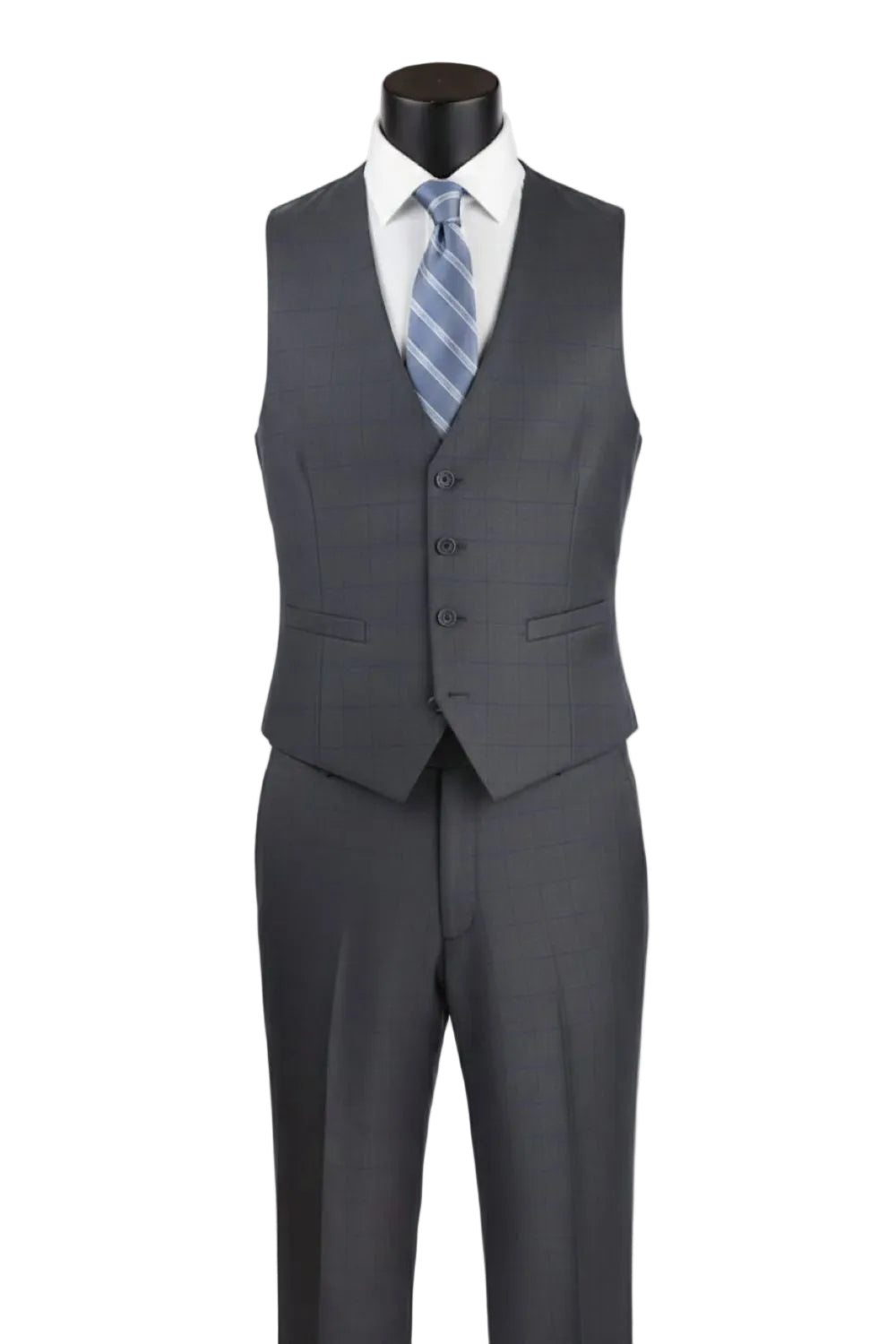 Gray suit vest and pants on a mannequin with a white shirt and blue tie against a white background