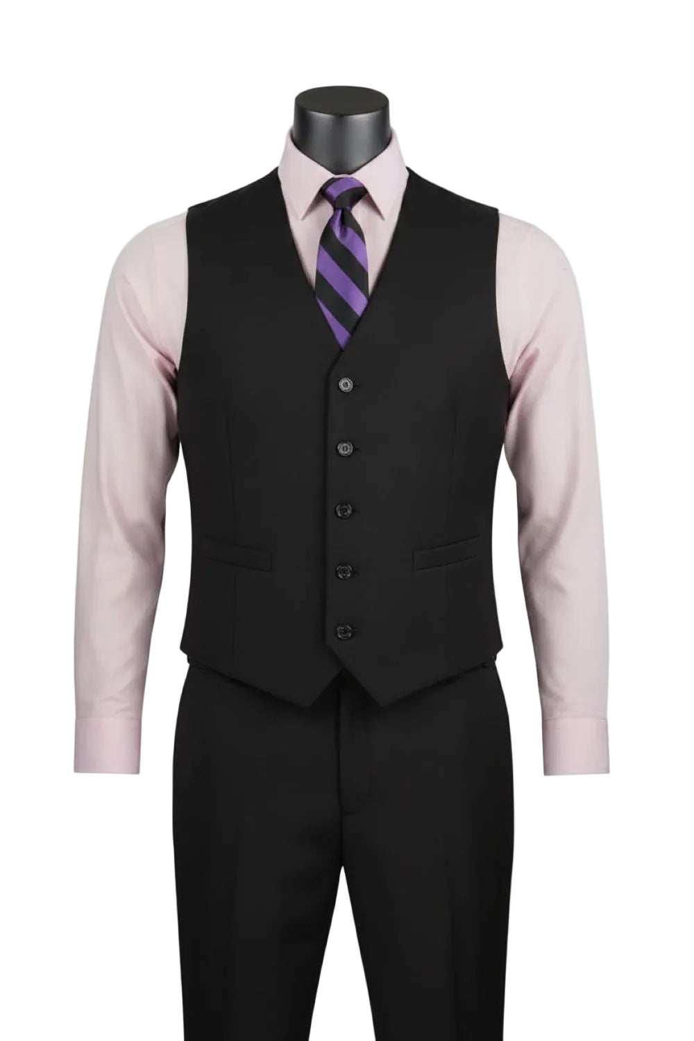 Black vest with a pink shirt and purple tie on a mannequin against a white background