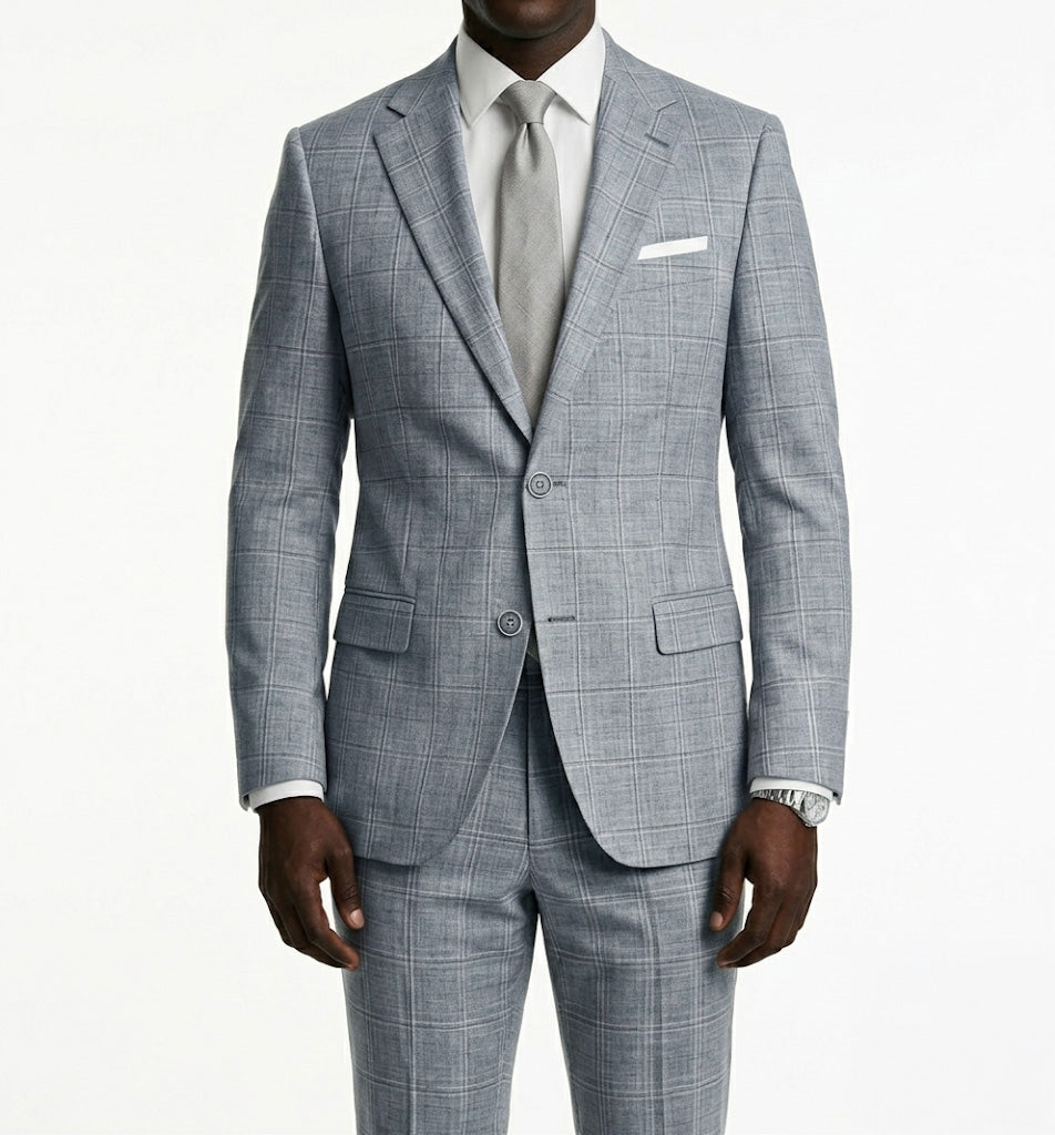 Gray checkered suit with white shirt and tie on a white background