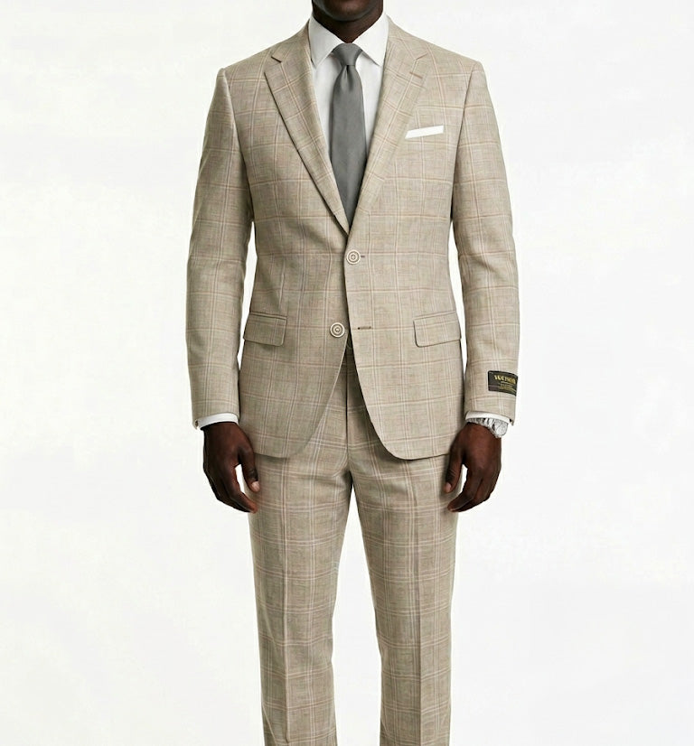 Beige checkered suit with gray tie on a white background