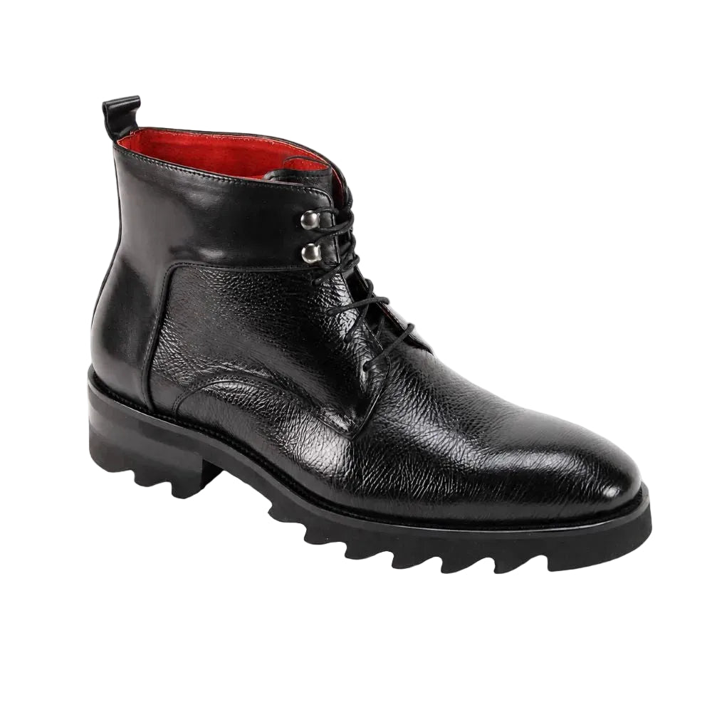 Walker Collection - Black Textured Leather Lace-Up Boots