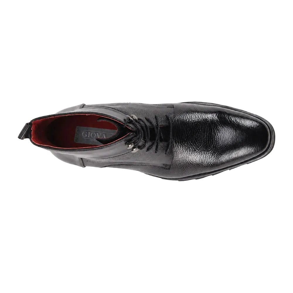 A black leather lace-up ankle boot shown from a top-down view on a plain white background. The brand name GIOIA is visible on the inner label.