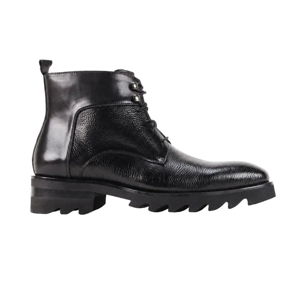 A single black leather lace-up ankle boot with a chunky lug sole and low block heel, shown in a side profile on a white background.