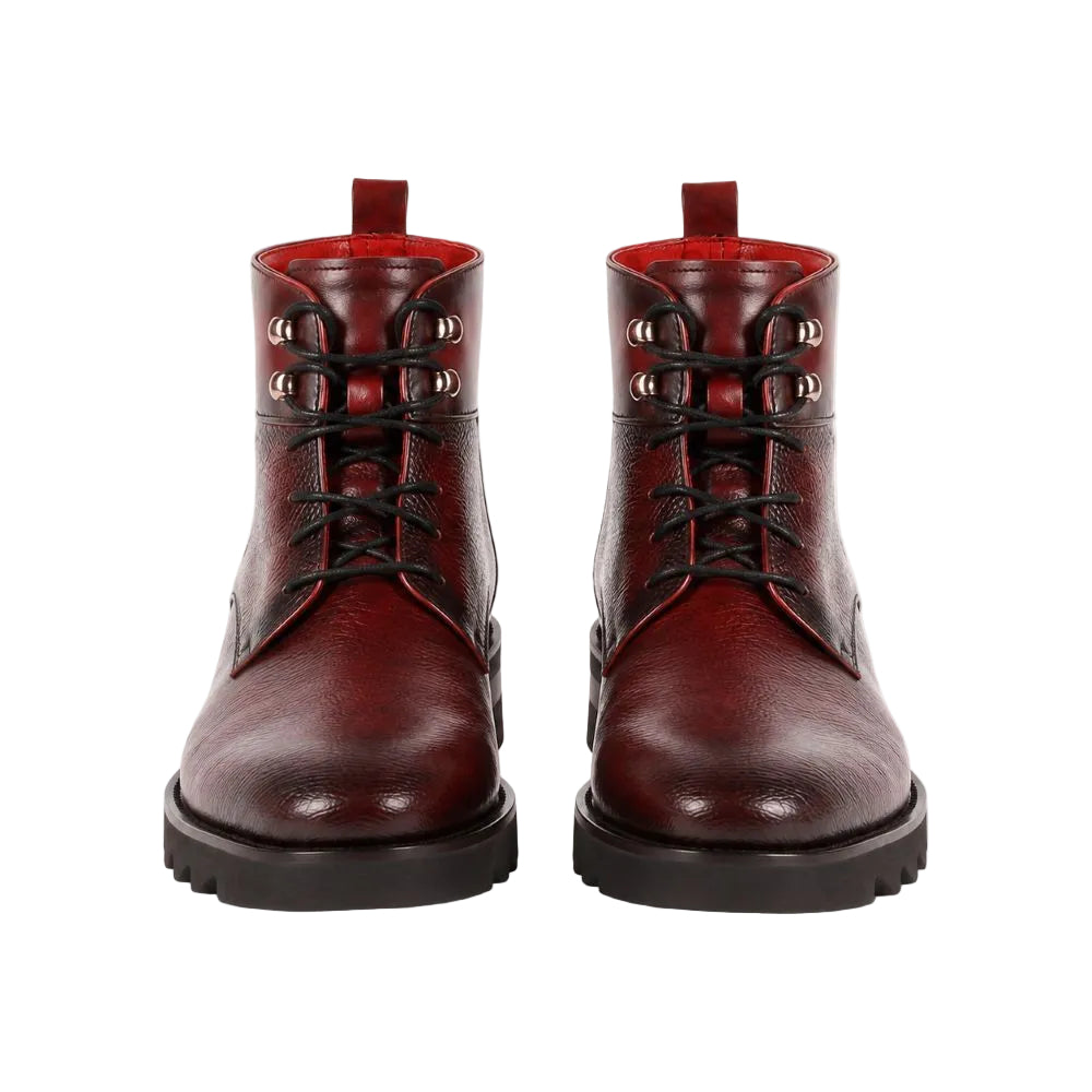 A pair of dark red leather lace-up ankle boots with black laces, silver eyelets, and black rubber soles, shown from a front-facing perspective on a white background.
