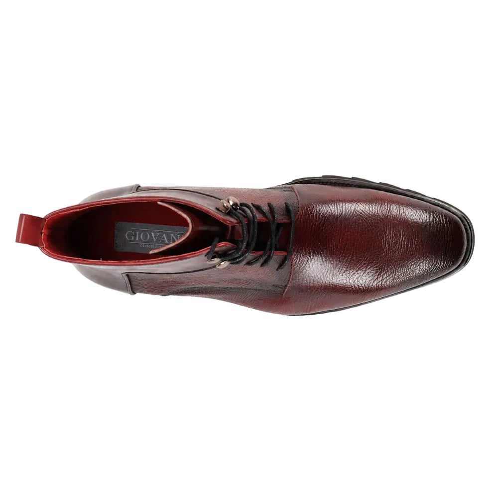 A single men's leather ankle boot in a deep burgundy red, shown from a top-down view on a plain white background. The boot features black laces and a black outsole, with the brand name GIOVANI visible on the inner label.