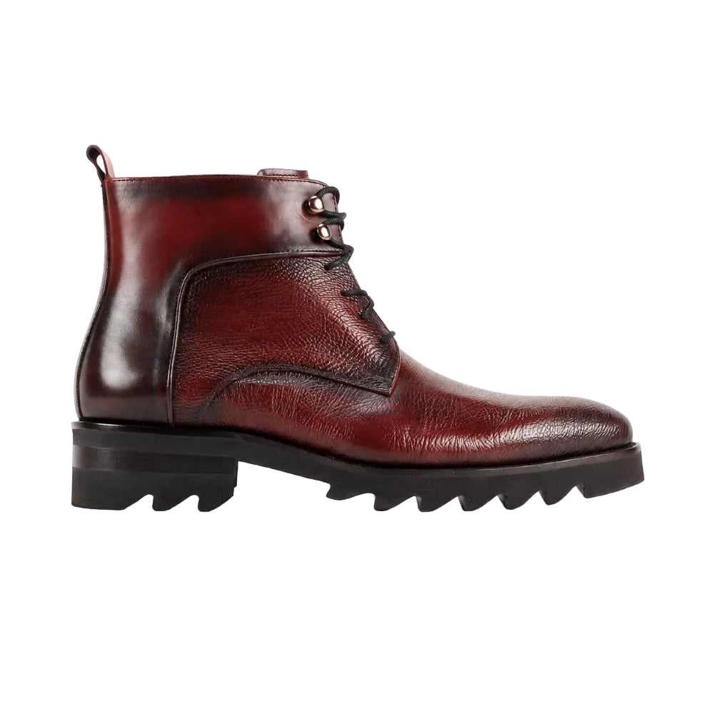 A dark reddish-brown leather lace-up ankle boot with a chunky black lug sole, shown in a side profile on a white background.