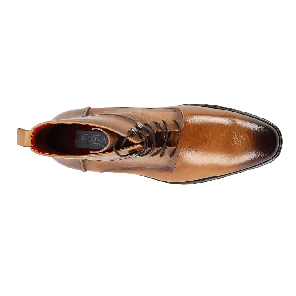 A top-down view of a brown leather lace-up ankle boot by Giova, shown against a plain white background.