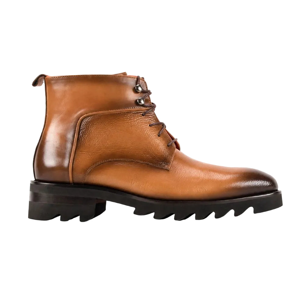 A single tan leather lace-up ankle boot with a chunky black lug sole, shown in a side profile on a white background.