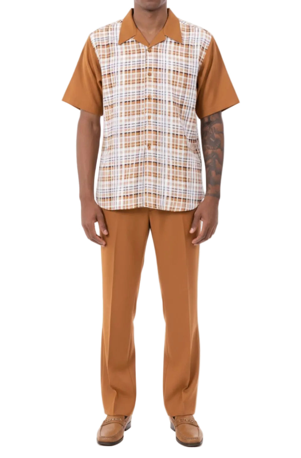  Cognac Plaid Walking Suit 2 Piece Short Sleeve Set