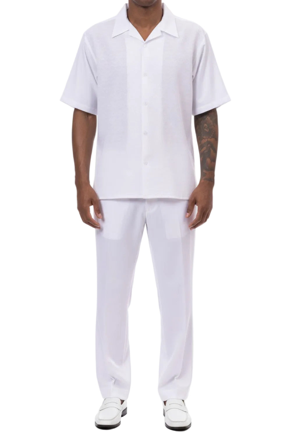 White Tone-on-tone Walking Suit 2 Piece Short Sleeve Set
