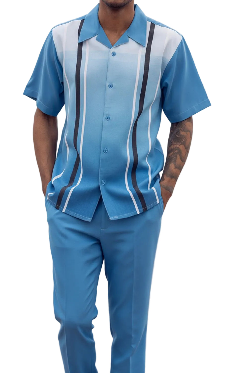 Light Blue Gradient Color with Stripes Walking Suit 2 Piece Short Sleeve Set