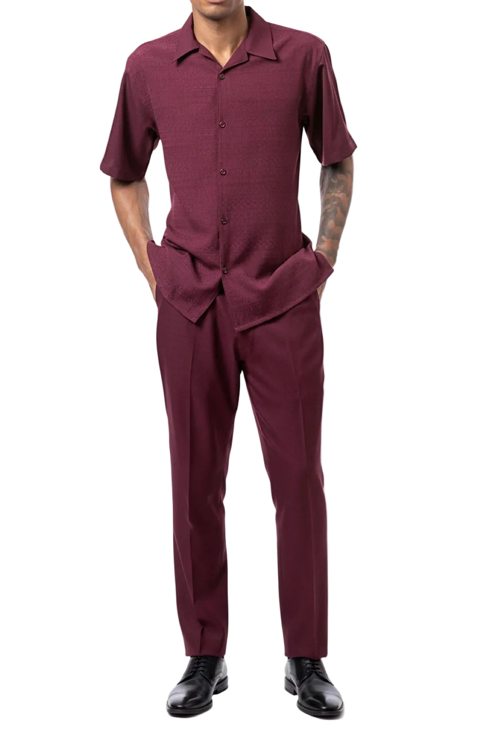 Wine Tone on Tone Detailed Design Walking Suit 2 Piece Short Sleeve Set
Active