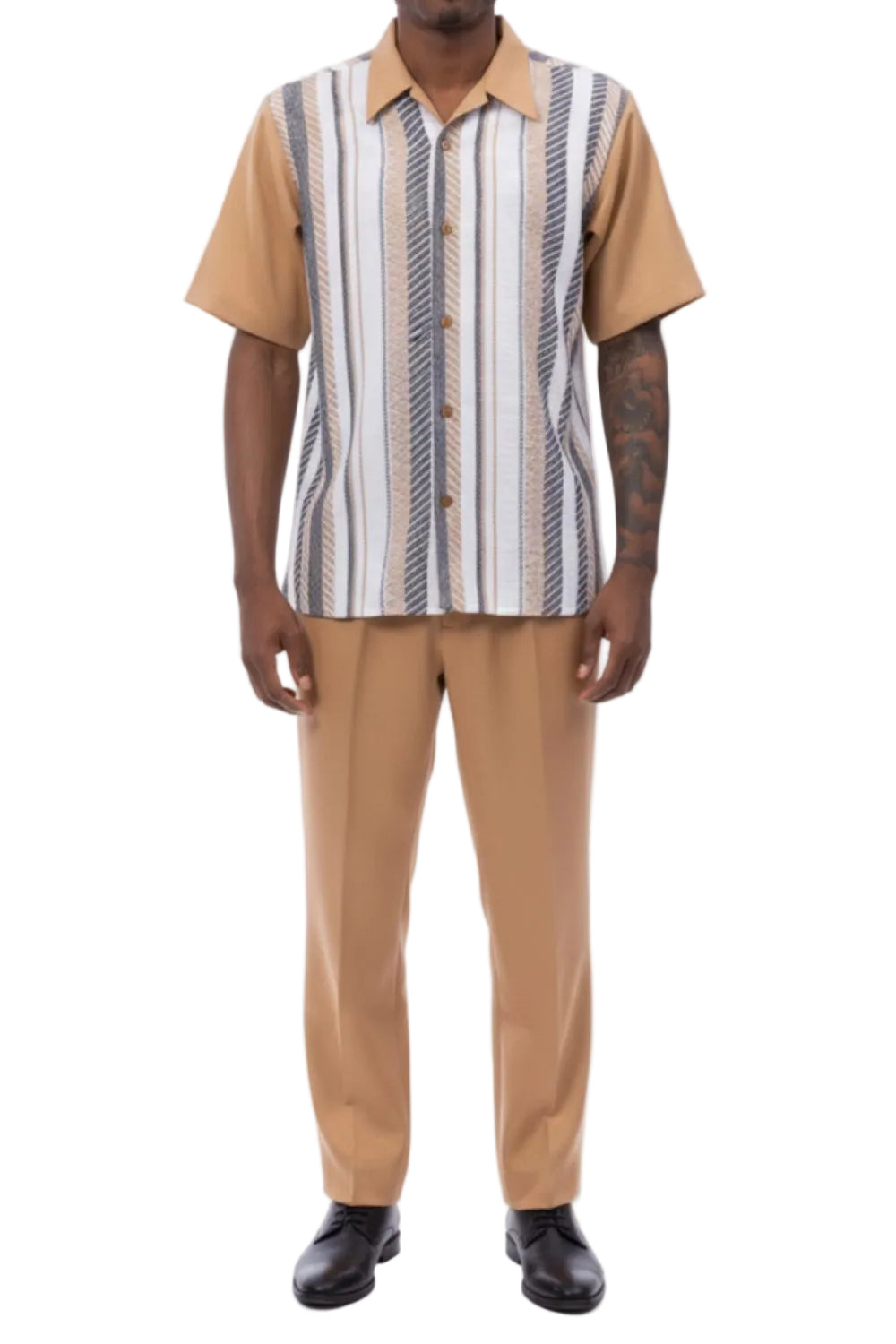 Man wearing a striped shirt over a beige vest with matching pants on a white background