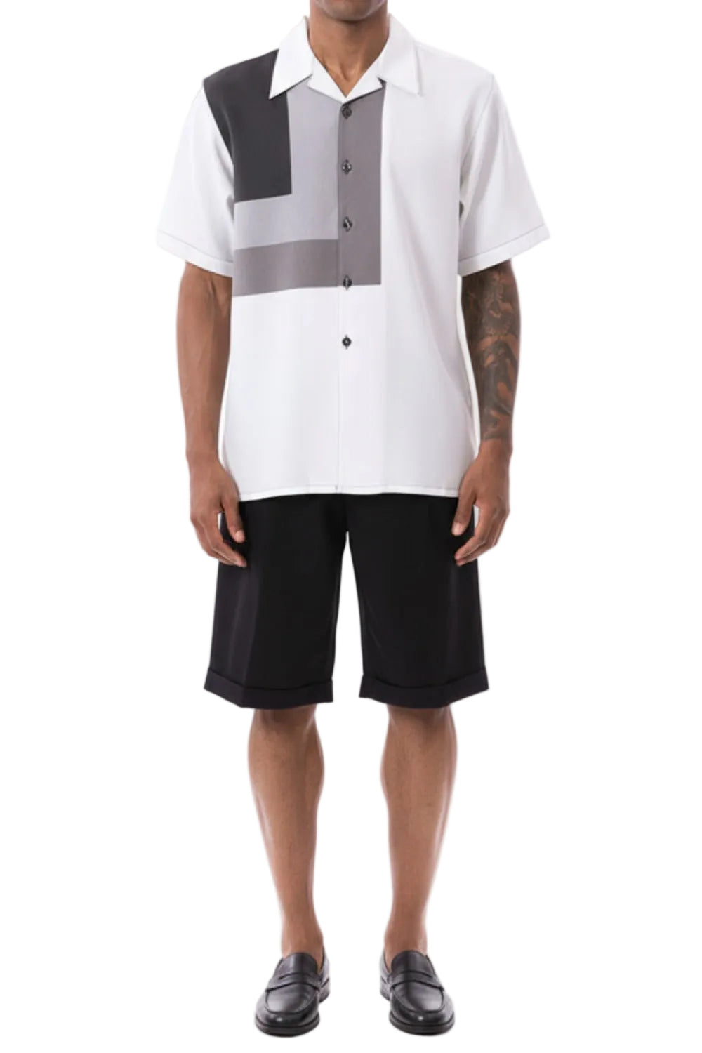 Black Geometric Design Walking Suit 2 Piece Short Sleeve Set with Shorts