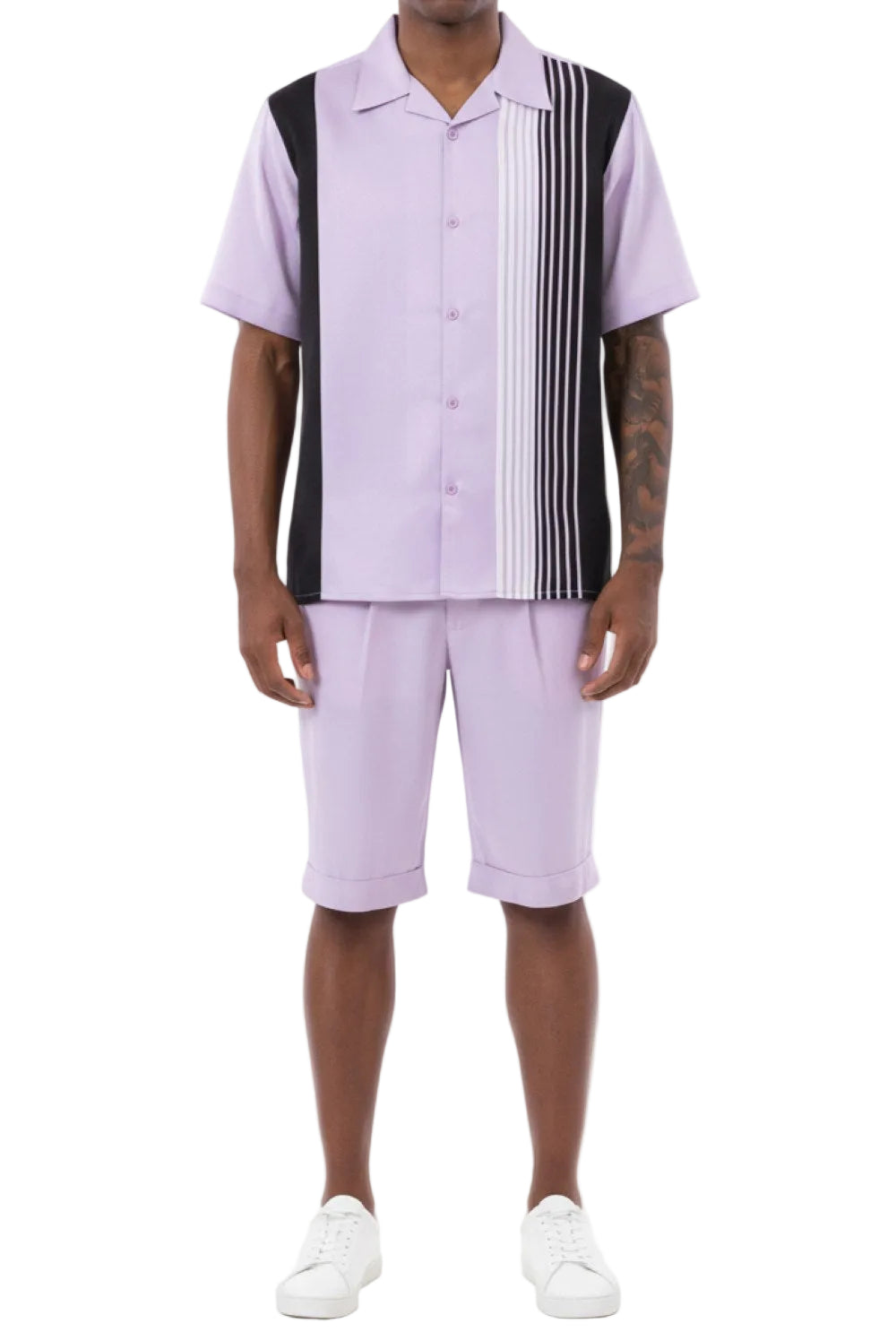 Lavender Vertical Stripe Walking Suit 2 Piece Set Short Sleeve Shirt with Shorts