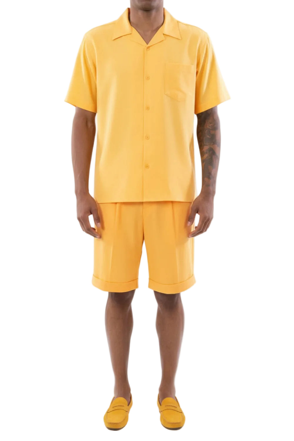 Gold 2 Piece Short Sleeve Walking Suit Set with Elastic Waistband Shorts

