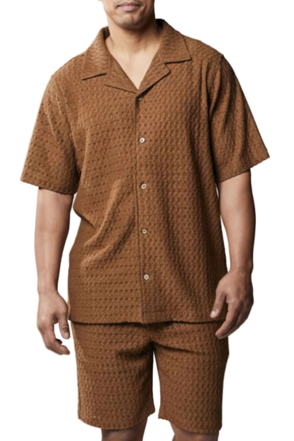 Brown textured shirt and shorts set on a white background