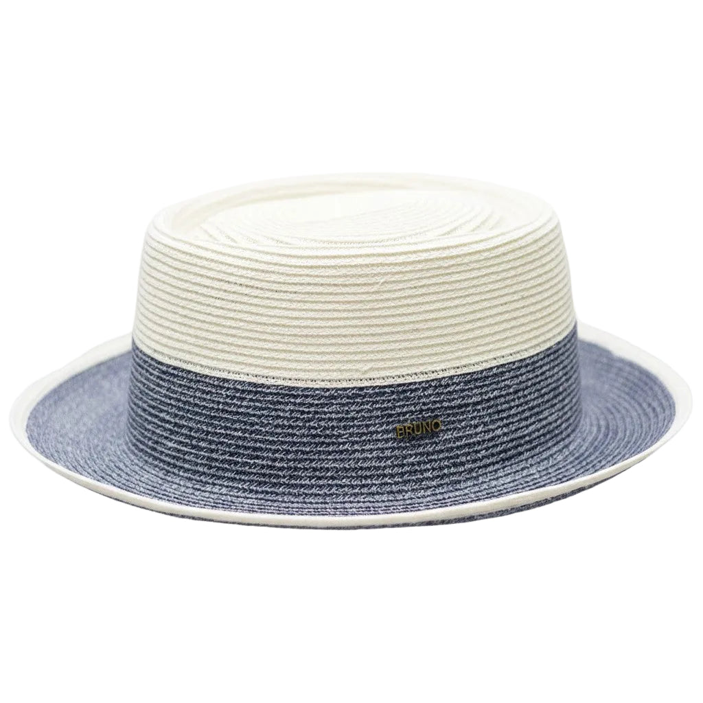 Wall Street Collection - Braided Pork Pie Fedora Hat in White/Denim Blue