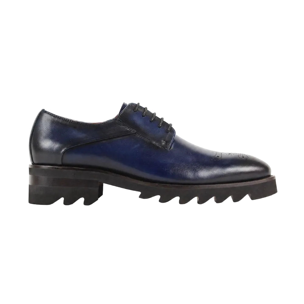 Wolf Collection - Navy Medallion Toe Lace-Up Dress Shoes