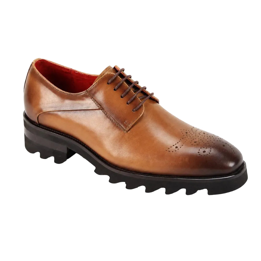 A men's brown leather oxford shoe with a dark brown brogue toe, dark brown laces, and a black lug sole, shown on a white background.
