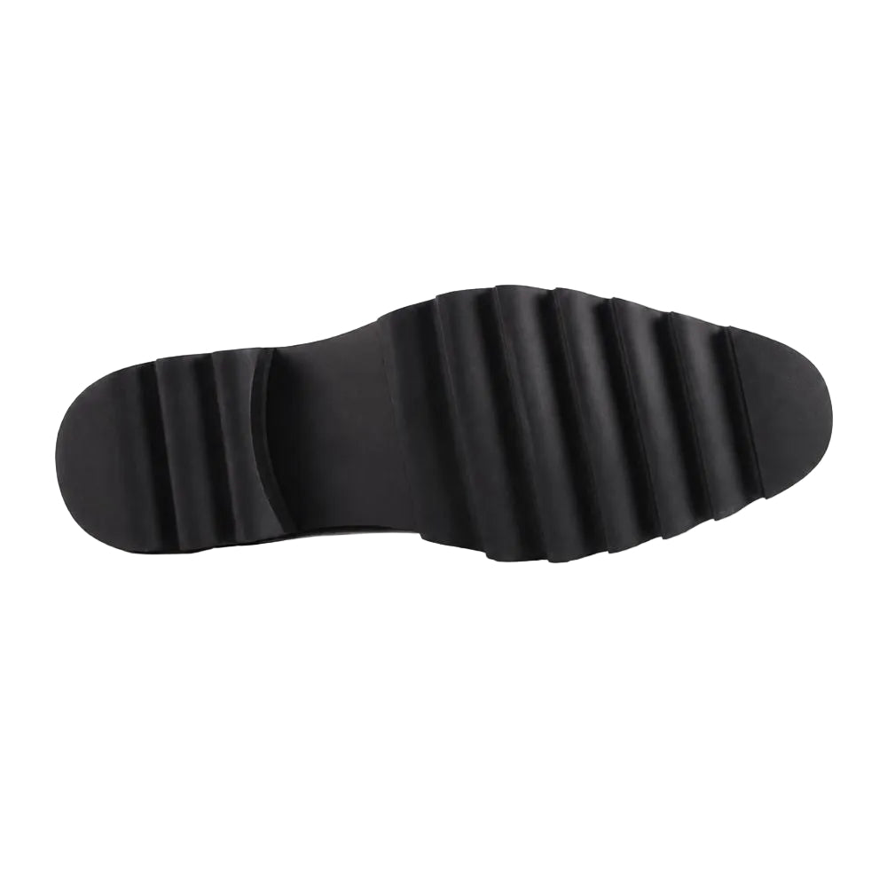 A black rubber shoe sole with a wavy, ribbed tread pattern, shown from a top-down view on a white background.