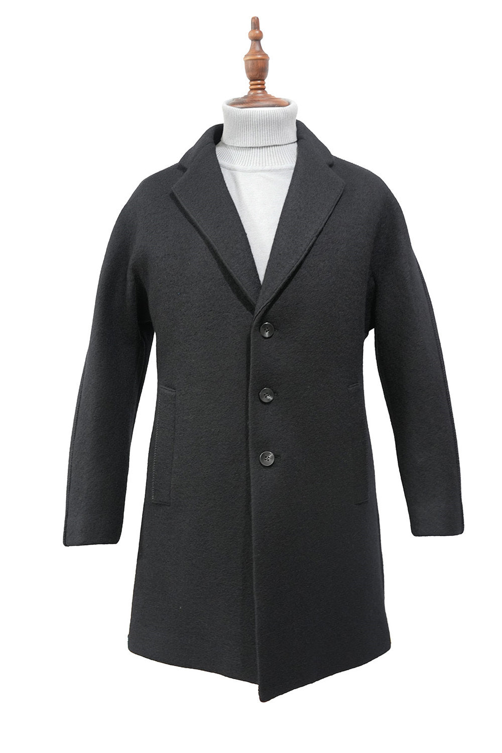 (xl) 100% Wool Slim Fit 3 Button Top Coat In Black 