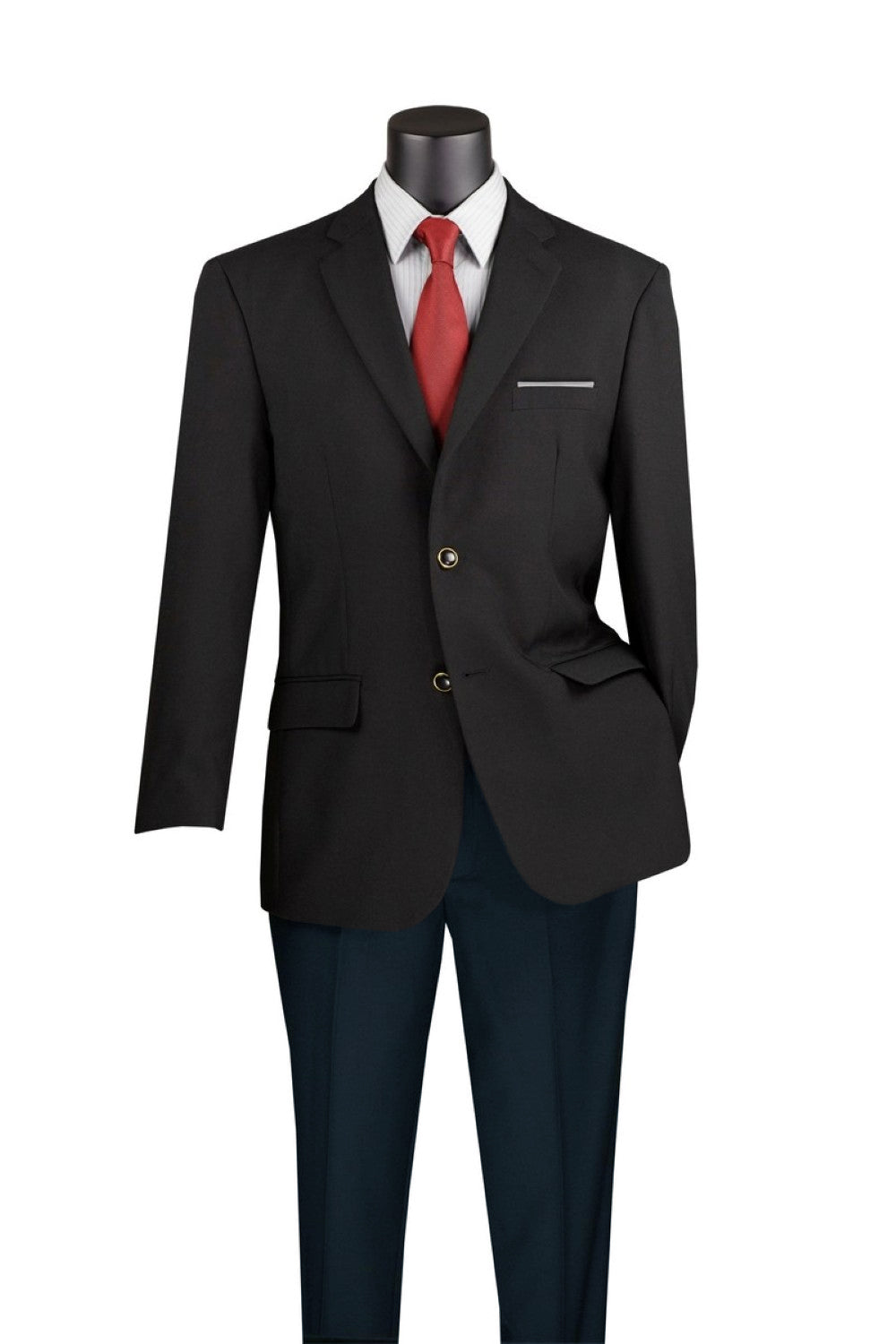 Black suit with a red tie on a mannequin against a white background