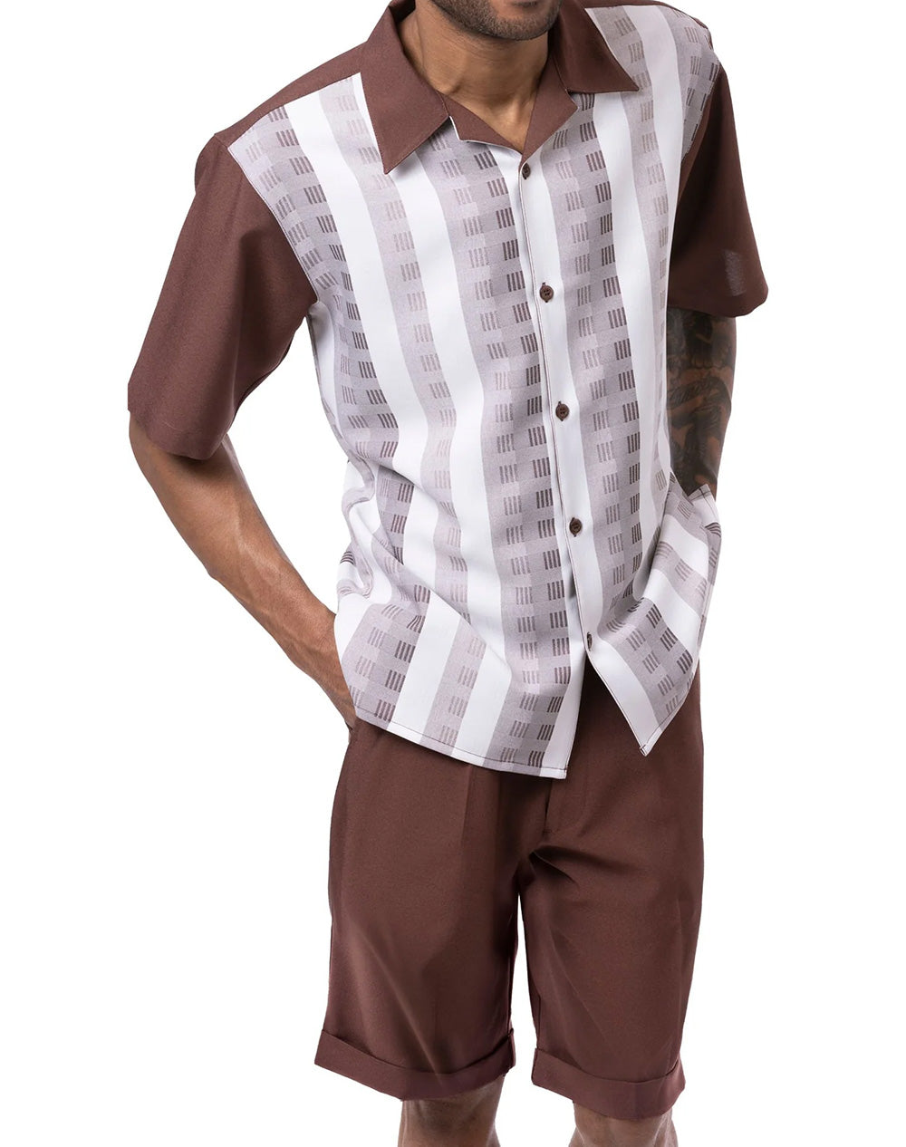 Brown Color Striped Walking Suit 2 Piece Short Sleeve Set with Shorts
