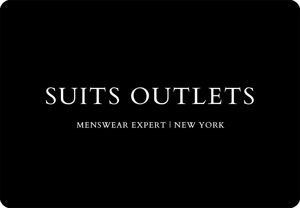 A black square graphic with rounded corners featuring the white text 'SUITS OUTLETS' and smaller text 'MENSWEAR EXPERT | NEW YORK'.