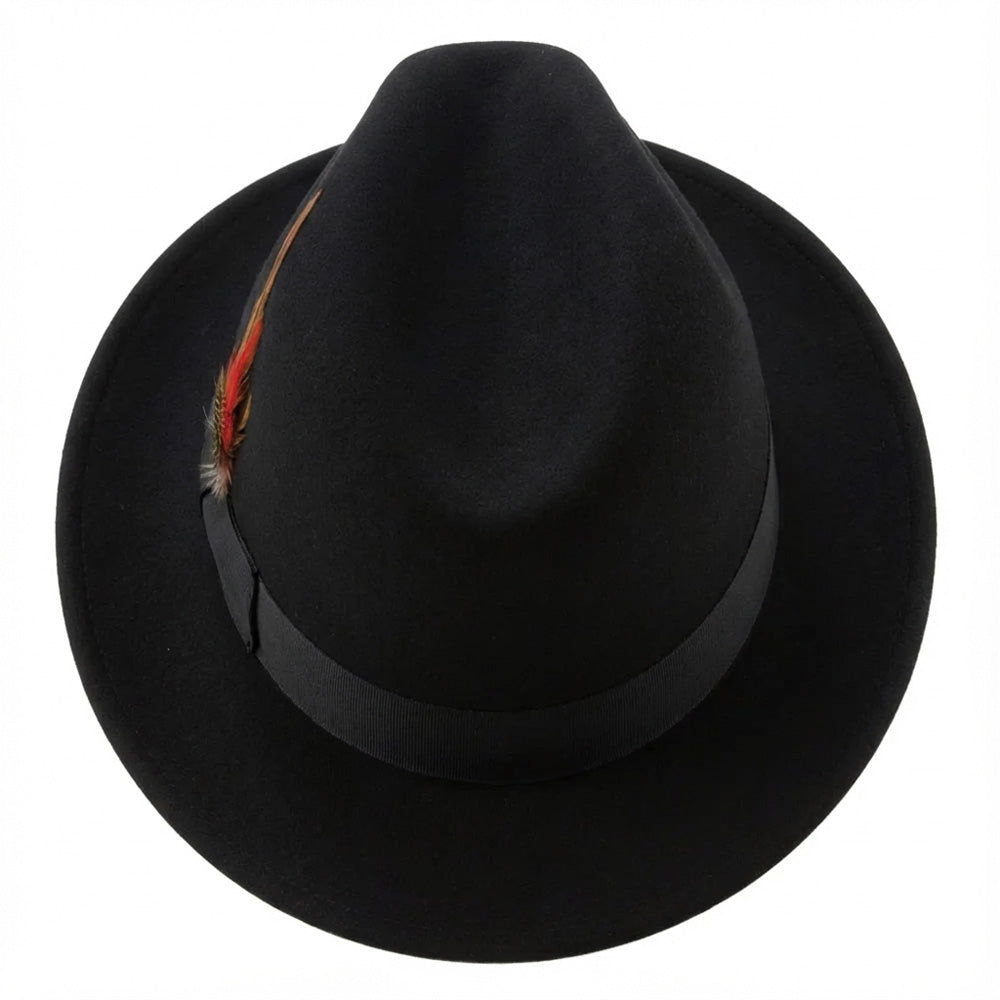 Solid Brooklyn Collection - Wool Felt Crushable Fedora with Feather Accent in Black hat.