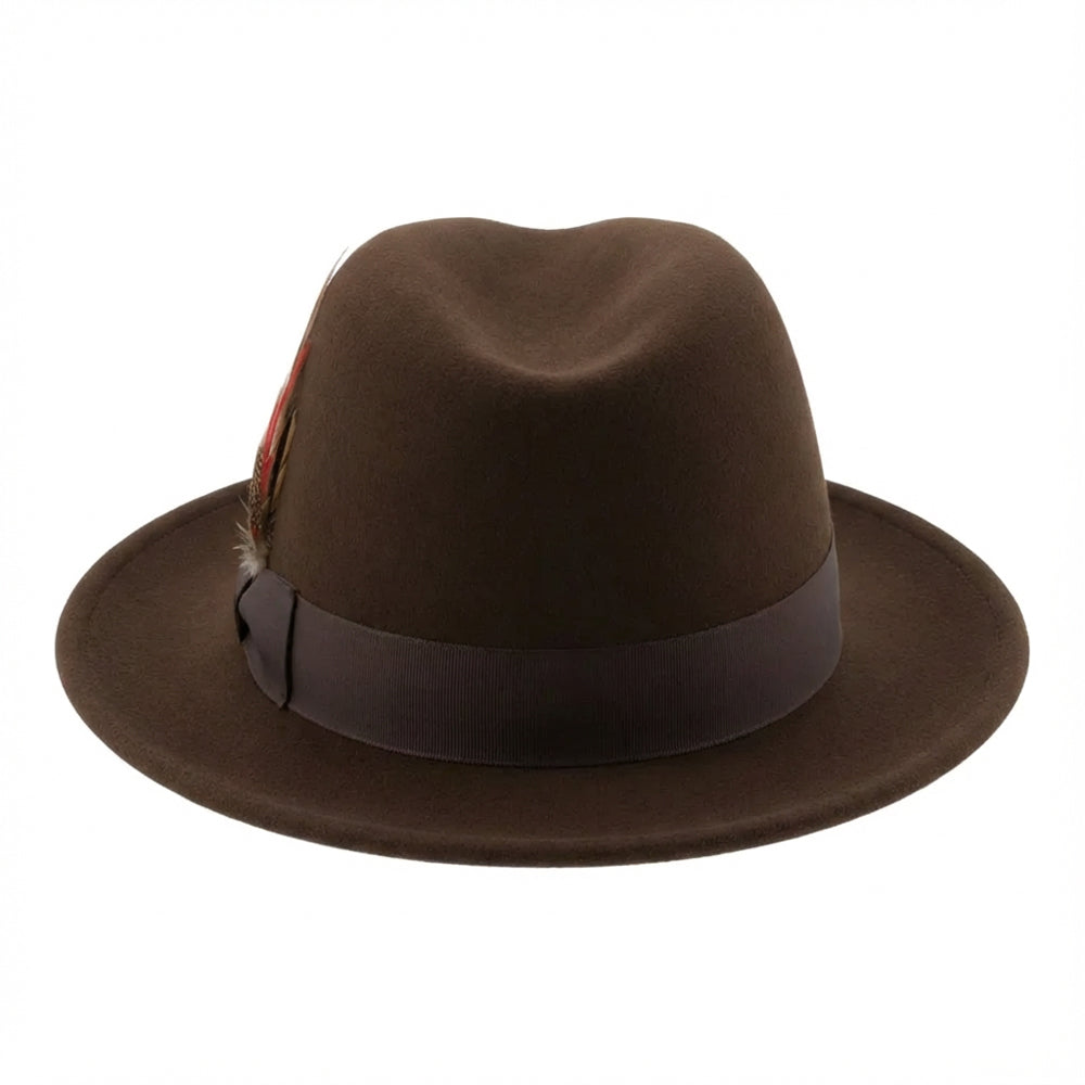 Solid Brooklyn Collection Wool Felt Crushable Fedora with Feather Accent in Brown, shown in full view.