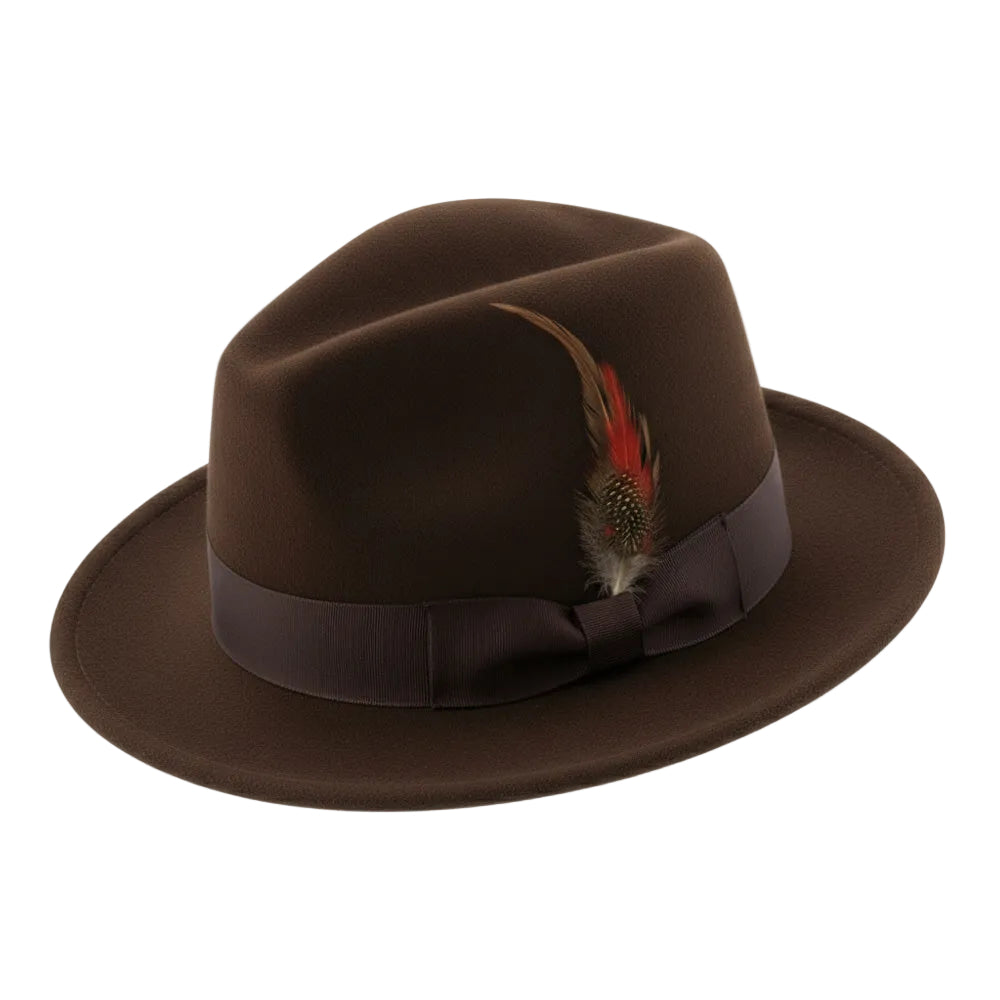 Solid brown Brooklyn Collection Wool Felt Crushable Fedora hat with feather accent.
