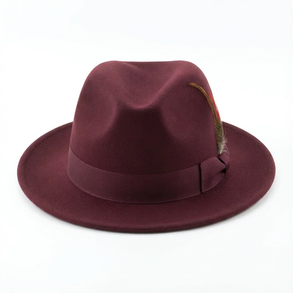 Solid burgundy wool felt crushable fedora with a feather accent, Brooklyn Collection.