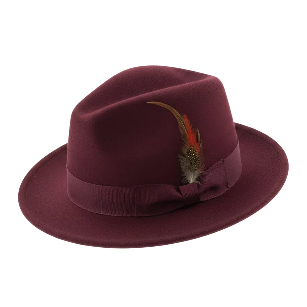 Brooklyn Collection - Wool Felt Crushable Fedora with Feather Accent in Burgundy