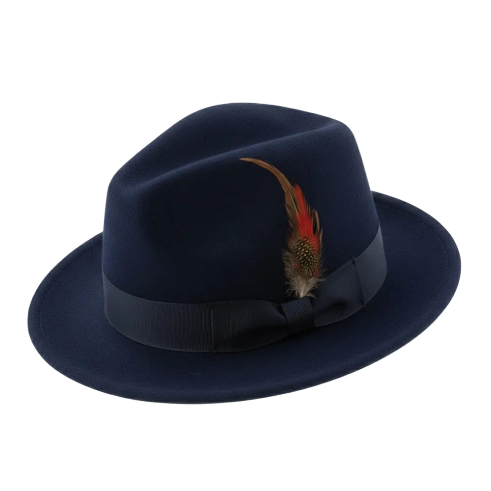 Brooklyn Collection - Wool Felt Crushable Fedora with Feather Accent in Navy