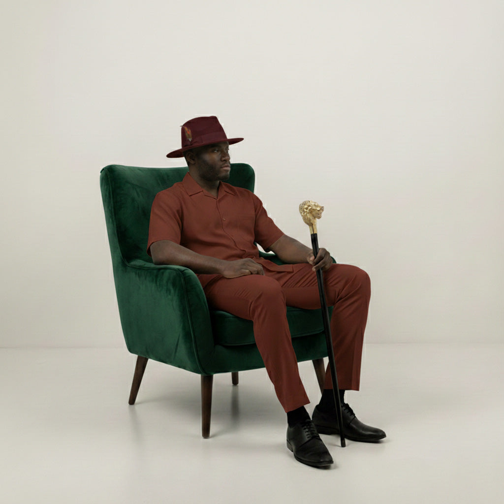 Solid hat and shoes shown with the Maroon Short Sleeve Summer Walking Suit Set with Flexible Waist Pants.
