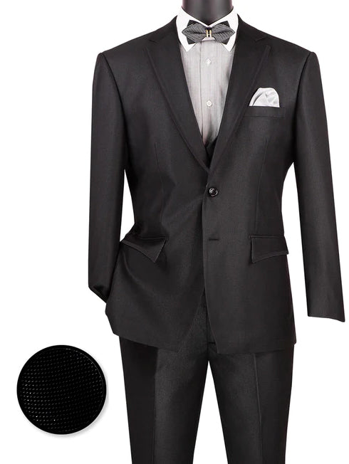 Birdseye Pattern Modern Fit 3 Piece Black Suit with Black Trim