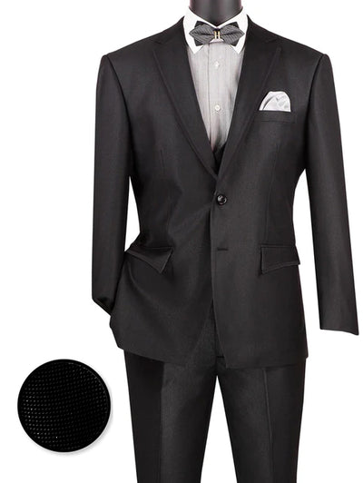 Black Birdseye Pattern Slim Fit Men's Two Button Vested Suit
